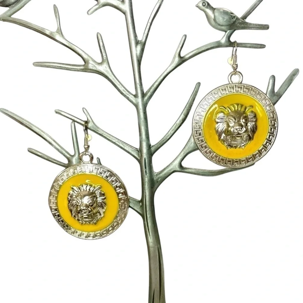 Lion Head Medallion Dangle Earrings | Yellow Enamel Statement Earrings